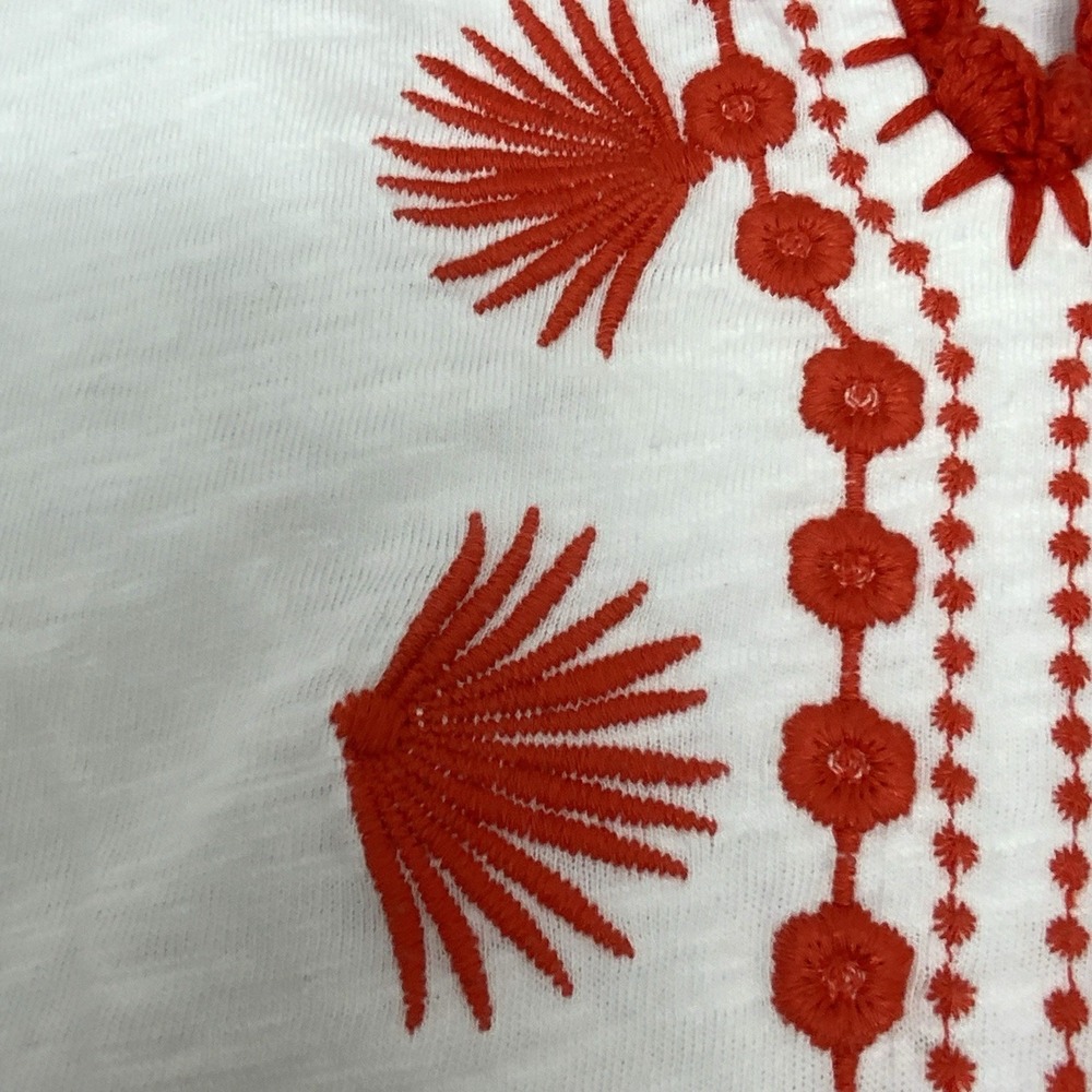 Talbots Womens Medium Top Red White Embroidered Floral Palm Tee Short Sleeve - Picture 6 of 12